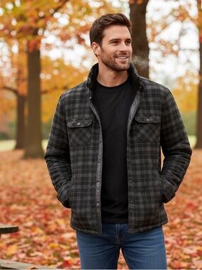 Voyager Sherpa Lined Plaid Fleece Shirt Jacket Shacket Gray Black Men's M